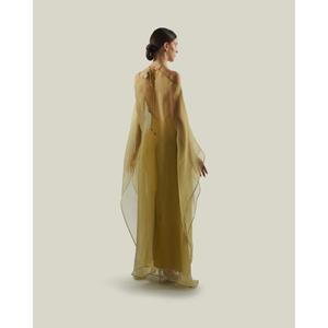Robe de soirée élégante en coton/polyester vert, longueur cheville, coupe trapèze, sans manches, col en V, design asymétrique, haute qualité - Product Image 2