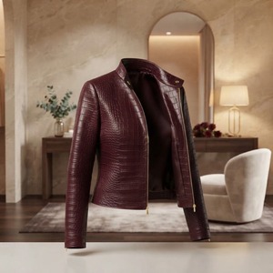 <b>Burgundy</b> Crocodile Embossed Genuine <b>Leather</b> Moto <b>Jacket</b> Women's Stand Collar Full Sleeve Short Zipper Closure Autumn Style - Product Image 2