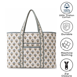 Sac fourre-tout matelassé en coton imprimé à la main, qualité export premium, motif floral bleu, multi-poches, usage quotidien, idéal pour offrir, toutes saisons - Product Image 3