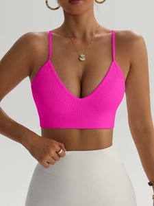Soutien-gorge de sport ajustable à bretelles fines, rembourré, col en V, côtelé, bande de compression, haute élasticité, débardeur de fitness quotidien - Product Image 2
