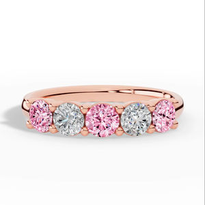 Anillo de Diamantes Cultivados en Laboratorio de Corte Brillante Redondo, Color Rosa Claro y Blanco, con Cinco Piedras en Pavé Francés Premium, Oro de 14K, Joyería Fina al por Mayor - Product Image 1