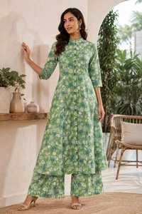 Ensemble Kurta Plazo pour femmes, vert, en coton, imprimé floral, coupe trapèze, manches trois quarts, col mandarin, deux pièces, traditionnel, ethnique, décontracté - Product Image 6
