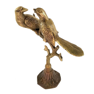 Sculpture artisanale en laiton d'une paire d'oiseaux perchés sur une branche d'arbre, figurines décoratives en métal, objets de luxe pour la maison ou le bureau - Product Image 2