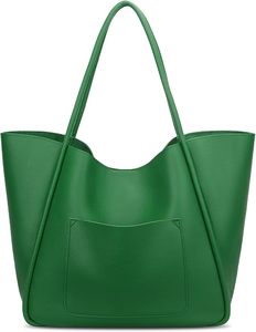 Green Genuine Leather Tote Bag Women Casual Minimalist Large Capacity Shoulder Strap Open <b>Top</b> Daily Use Handbag - Product Image 1