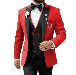 Costume de smoking en velours côtelé rouge pour homme avec revers noirs, gilet à simple boutonnage, nœud papillon, respirant, style britannique, tenue de cérémonie pour adultes - Product Image 1