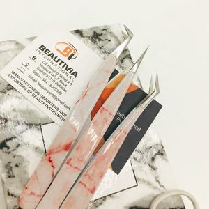 Pince à épiler professionnelle en acier inoxydable pour extension de cils impression de marbre orange outil de beauté à forte adhérence Logo privé de haute qualité - Product Image 2