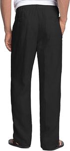 Men's <b>Black</b> Cotton Drawstring Pants Straight Fit Elastic Waist Casual Summer Wear <b>With</b> Side <b>Pockets</b> Lightweight Breathable - Product Image 3