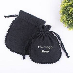 Custom Logo Cotton <b>Drawstring</b> <b>Pouch</b> Black Jewelry Packaging Bag With Pom Pom Trim Hot Stamping Printing Accessories - Product Image 6