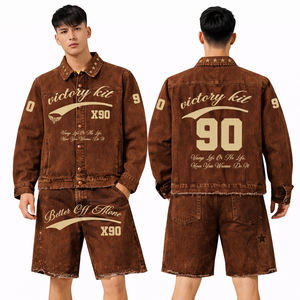 Conjunto de Mezclilla Vintage Lavada para Hombre, Modelo 2026, Chaqueta y Pantalones Cortos Marrones, Estilo Urbano Informal, Moda de Verano, Estilo Europeo y Estadounidense X90 - Product Image 2