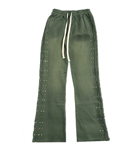Custom High Quality Vintage Acid Wash Streetwear Rhinestone Stacked Joggers Full <b>Zip</b> Hoodie and Flared Distressed Sweat Pant Set - Product Image 3