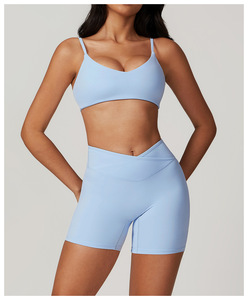 Women Dark <b>Blue</b> Spaghetti Strap Sports <b>Bra</b> High Waist Shorts 2 Piece Set Seamless Breathable Yoga Activewear - Product Image 2