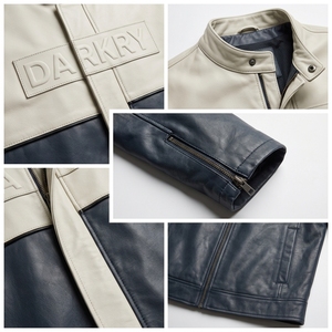 Chaqueta de Cuero Personalizada para Hombre, Color Crema y Azul Marino, Estilo Motero, Cuello Alto, Prenda Exterior de Cuero Vacuno Genuino, Exportador - Product Image 6