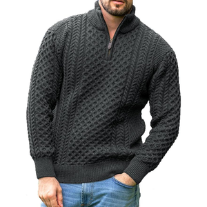 <b>Men's</b> Winter <b>Wool</b> Acrylic Patchwork <b>Cardigan</b> Mandarin Collar Zipper Closure Full Sleeve Thick Knit Jacket - Product Image 6