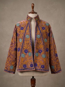 Elegant <b>Velvet</b> Embroidered Cotton Knitted Bomber <b>Jacket</b> <b>Women</b> Stand Collar Floral Handmade Ethnic Boho Autumn Quick Dry Full - Product Image 4