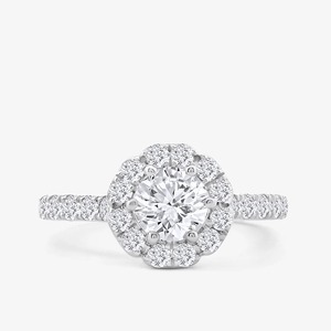 Bague de fiançailles en or rose 14 carats avec diamant de laboratoire taille ronde et halo floral, 1,48 carat, pavée, pour mariée - Product Image 1