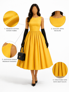 Vestido Midi Amarillo sin Mangas, Estilo Vintage, Plisado, de Algodón, con Cuello Joya, Elegante, para Fiestas de Verano/Invierno, para Mujer - Product Image 1