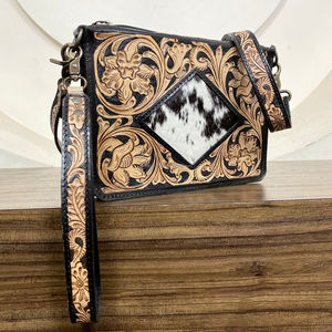 Mini bolso de cuero genuino con herramientas manuales occidentales con tallado Floral de cuero de vaca a cuadros para mujer, bolso de mano con bandolera - Product Image 4