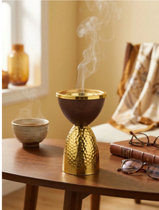 Best selling Luxury Wooden & Hammered Gold Metal <b>Bakhoor</b> Incense Burner Arabic <b>Oud</b> Burner Resin Incense Holder Home Decor Gift - Product Image 1