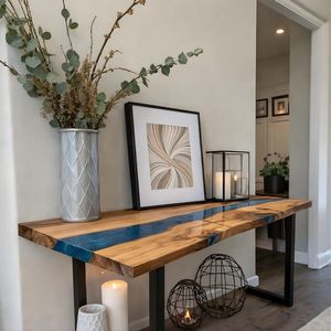 Table console rectangulaire en résine époxy Blue River, bois à bords naturels, meuble d'entrée fait main, accent moderne pour couloir, durable - Product Image 5