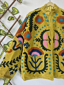 Luxury Yellow <b>Velvet</b> Suzani Embroidered <b>Jacket</b> with Floral Print Full Sleeve Stand Collar Bohemian <b>Women's</b> Winter Outerwear - Product Image 2
