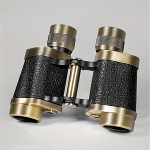 High-power vintage brass porro prism binoculars featuring <b>black</b> textured leather body wrap, available at wholesale prices. - Product Image 1