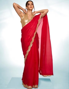 Traditional <b>Red</b> Rayon Silk Saree with Gold Embellished Border and Unstitched <b>Blouse</b> for Wedding and Party Wear - Product Image 5
