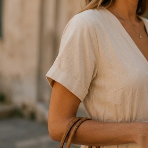 Robe midi à col en V avec boutons sur le devant et taille nouée, style bohème ample, robe d'été décontractée avec poches - Product Image 3