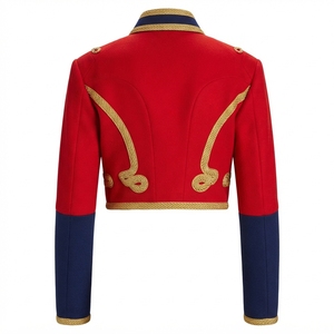 Chaqueta de Húsar Roja Dorada Trenzada para Mujer con Ribete Azul Marino, Abrigo Corto Ceremonial con Banda, Disfraz Estilo Napoleónico - Product Image 2