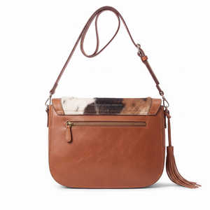 Cowgirl Brown Leather Crossbody Saddle <b>Bag</b> With Cowhide Flap Floral Tooling Silver Studs And Tassel Western Shoulder Purse Style - Product Image 4