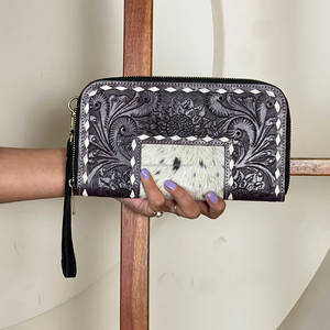 Handcrafted Stylish Full Tooled Genuine Cowhide Fur Leather Women <b>Zip</b> Clutch Purse Card Holder Travel Multi Uese Western <b>Wallet</b> - Product Image 3