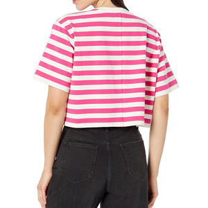 Camiseta de Alta Calidad 100% Algodón, Corte Holgado, Cuello Redondo, Elegante Camiseta Rosa a Rayas para Mujer - Product Image 2