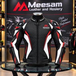 Blouson de moto en cuir perforé pour homme, respirant, noir, rouge, blanc, équipement de protection - Product Image 1