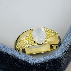 Oval Cut Rainbow <b>Moonstone</b> <b>Ring</b> Solid 925 Sterling Silver <b>Ring</b> Yellow Gold Plated Textured Band Engagement <b>Ring</b> For Women - Product Image 1