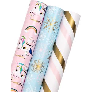 Mini Rotolo di Carta da Regalo Natalizia Rosa 17x120 Pollici, 3 Design con Strisce in Lamina e Fiocchi di Neve, Accessori per le Festività - Product Image 3