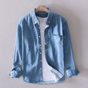 Camisa de mezclilla de manga larga para hombre, cuello abotonado, color liso, corte regular, lavado a la piedra, con bolsillos y costuras decorativas. - Product Image 6