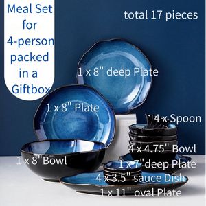 Meal set for 4-/6- person Retro Kiln <b>Firing</b> Cosmic Blue Unique Pattern Shape Glazed Porcelain Durable BpaFree dinnerware giftbox - Product Image 5