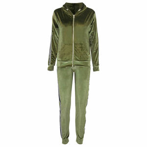 Ensemble de survêtement décontracté pour femme en velours imprimé 100 % coton, avec capuche, rayures latérales et fermeture éclair, léger, pour l'automne - Product Image 1