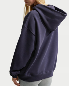 <b>Women's</b> Oversized Hooded Sweatshirt Solid <b>Navy</b> Blue Cotton <b>Fleece</b> Regular Length Autumn Streetwear Style - Product Image 5