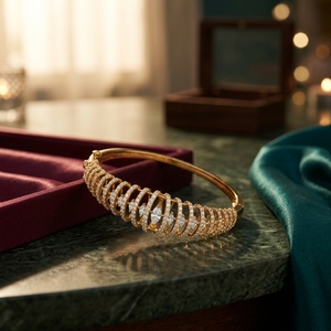 Intricate Wide Dome Cage <b>Bangle</b> <b>Bracelet</b> Marquise Cut Lab Grown Diamonds Gold Plated Women's Engagement Gift Unique Daily Wear - Product Image 2