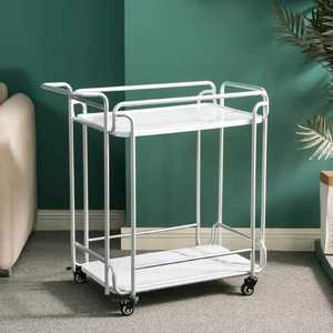 Chariot de bar doré à deux niveaux avec structure métallique, étagères en bois, coins arrondis, chariot de service mobile, organisateur de rangement moderne et luxueux - Product Image 4