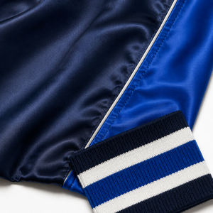 Vestes universitaires en satin pour hommes, inspirées de l'équipe de basketball de Dallas, bleu marine et bleu roi, broderie personnalisée, fournisseur en gros, tenue tendance - Product Image 6