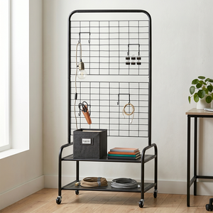 Étagère de rangement minimaliste en métal avec panneau grillagé, organisateur de chaussures à double niveau pour l'entrée, rangement pour manteaux et casquettes - Product Image 5