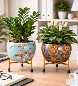 Decorative Metal Planter <b>Pots</b> with Stands Floral Boho Printed Round Flower <b>Pots</b> for Indoor Plants <b>Succulents</b> Tabletop Garden - Product Image 4