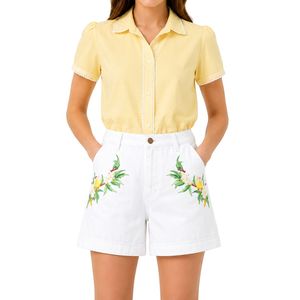 Shorts en jean taille haute pour femme, personnalisés, brodés de fleurs blanches, décontractés, en coton extensible, pour l'été, avec logo personnalisé - Product Image 1
