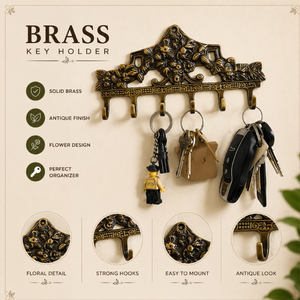 Premium Quality Brass Flower <b>Key</b> Holder <b>Wall</b> Mounted Vintage <b>Key</b> Rack with 6 <b>Hooks</b> Decorative Home Organizer and Storage Unit - Product Image 5