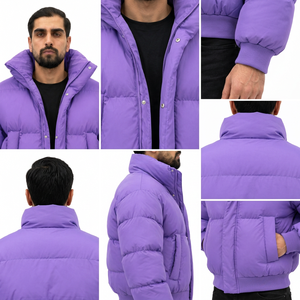 Blouson matelassé violet pour homme, col montant, fermeture éclair, rembourrage épais en polyester, coupe décontractée, à capuche, couleur unie, pour l'hiver - Product Image 6
