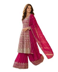 Conjunto Tradicional Festivo para Mujer, Estilo Bandhani Gulabi Rang Sutra Georgette, Largo hasta el Suelo, de Secado Rápido - Product Image 1