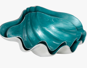 Moderno Tazón Decorativo Ondulado en Esmalte Acuático y Plata Pulida – Centro de Mesa con Diseño de Ondas Horizontales - Product Image 1