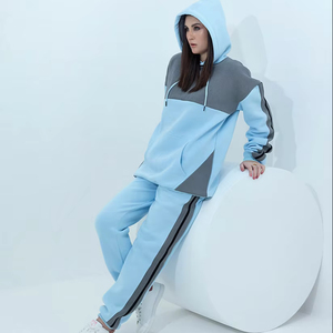 Ensemble de survêtement décontracté en molleton deux pièces pour femme, avec sweat à capuche color block 100 % coton 400 GSM et pantalon de survêtement large, fournisseur OEM - Product Image 1