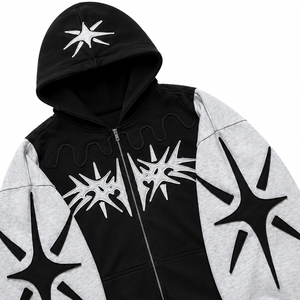 Custom <b>Black</b> & Grey Full Zip <b>Hoodie</b> with Star Shape Patch Embroidery Contrast Sleeve Oversized Streetwear <b>Hoodie</b> For Unisex Wear - Product Image 5